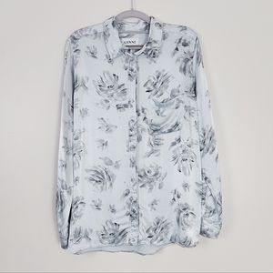 Ganni Women's Large Long Sleeve Satin Blouse Button Down Shirt Large Silver